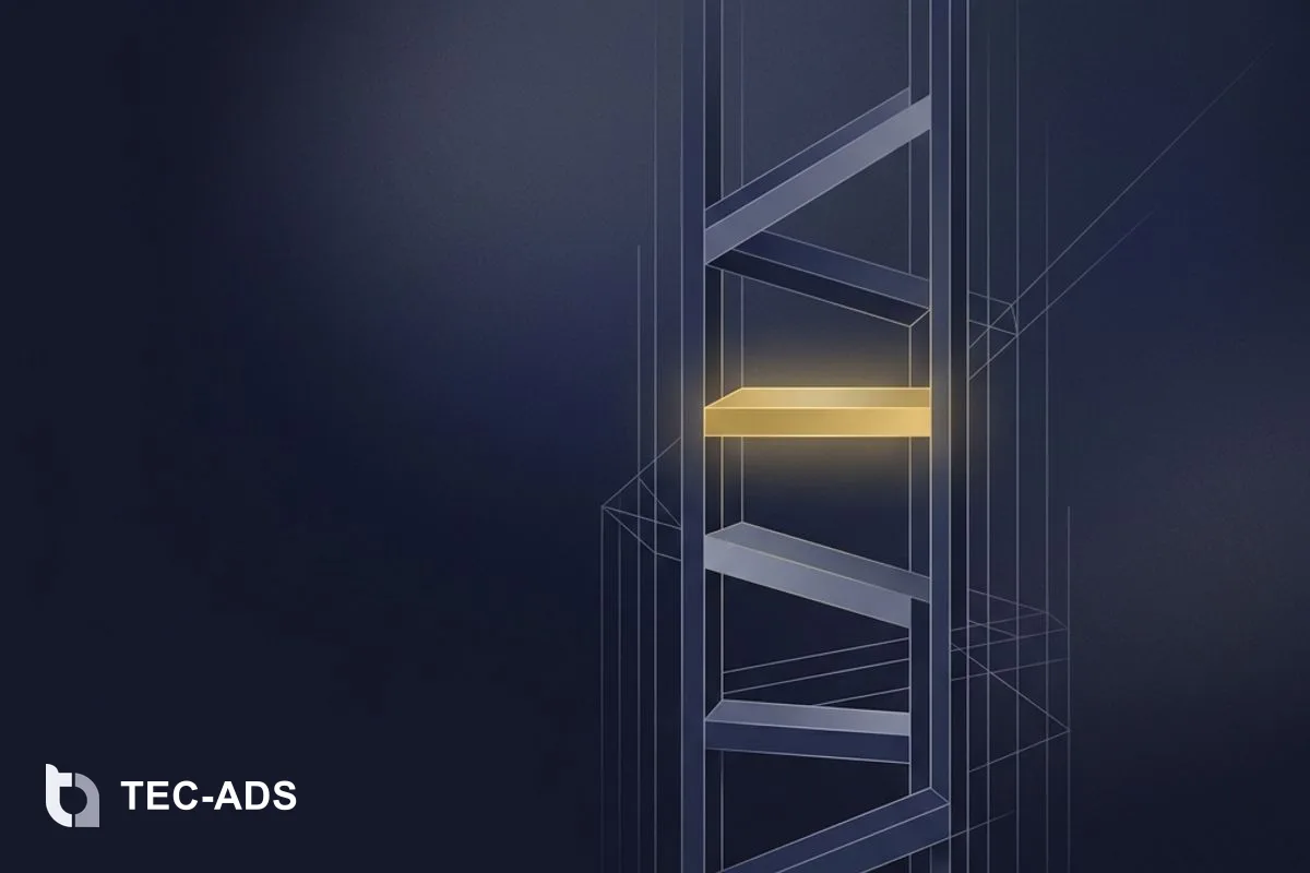 Minimalist abstract price-band ladder in navy tones with a single gold-highlighted rung representing the targeted MVP cost band.