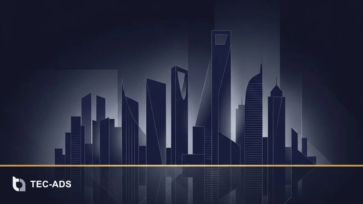 Stylized abstract silhouette of a Gulf skyline in deep navy with a clean gold horizon line.