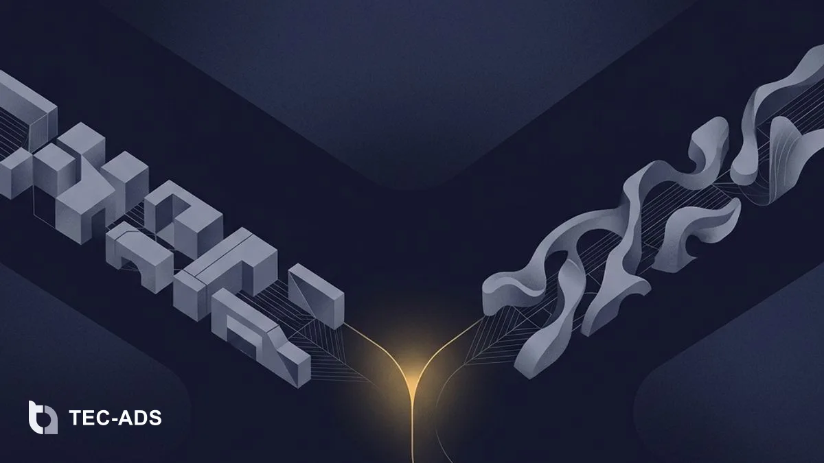 Abstract flowing golden ribbon weaving through a structured, deep navy geometric form.