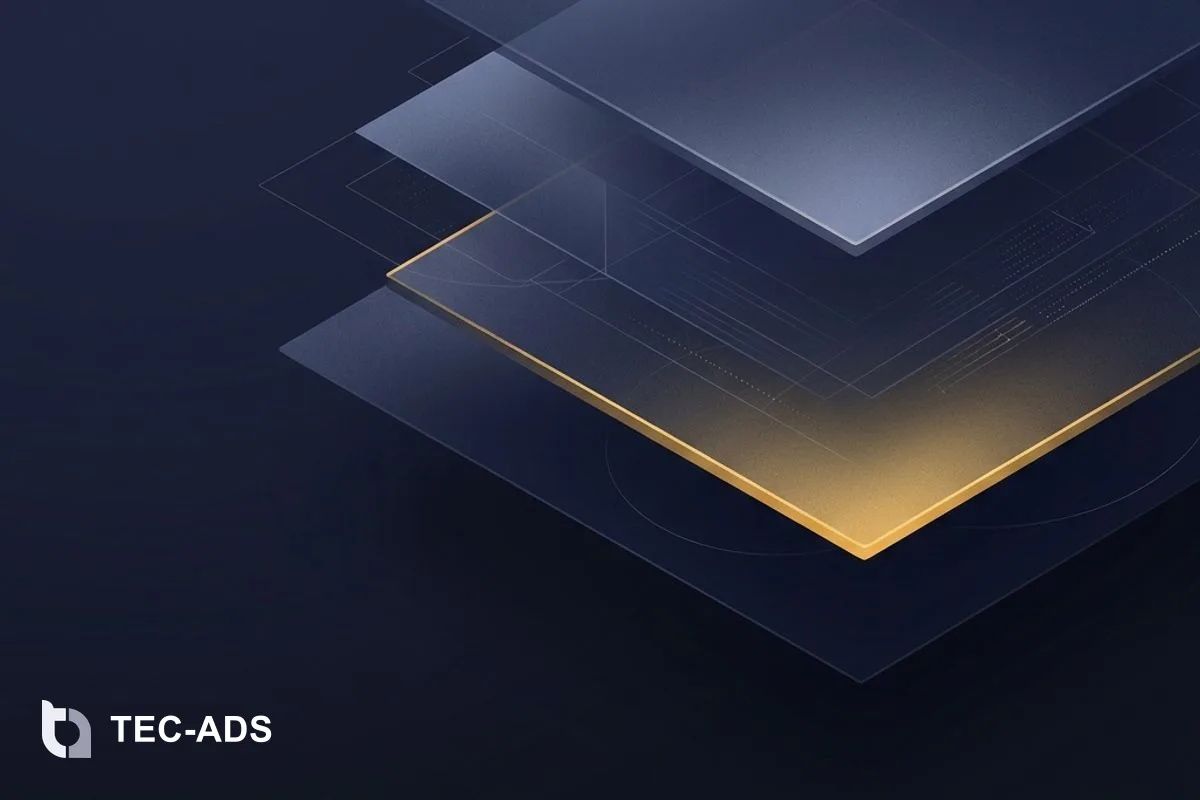 Minimalist abstract roadmap showing three stacked planes with golden milestones.