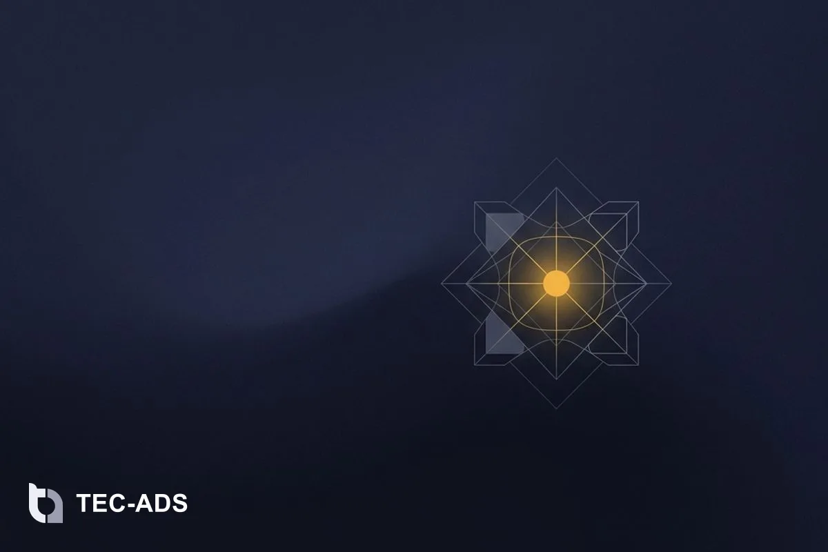 Minimalist abstract visual showing a single golden node glowing in a dark navy night field.
