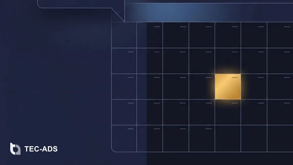 Abstract graphic of geometric conversation bubbles flowing into a calendar grid with a single gold-marked slot.