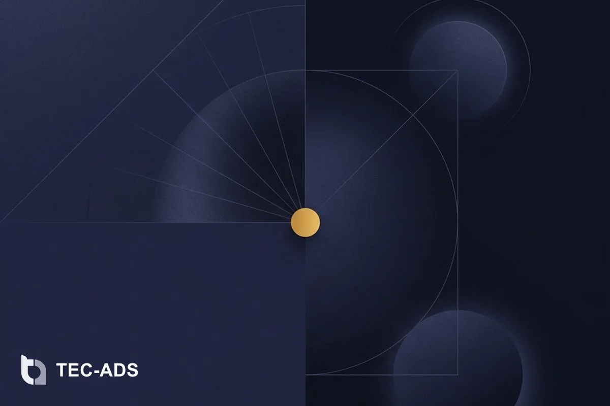 Minimalist balanced scale composition showing deep navy circles with a gold pivot point.