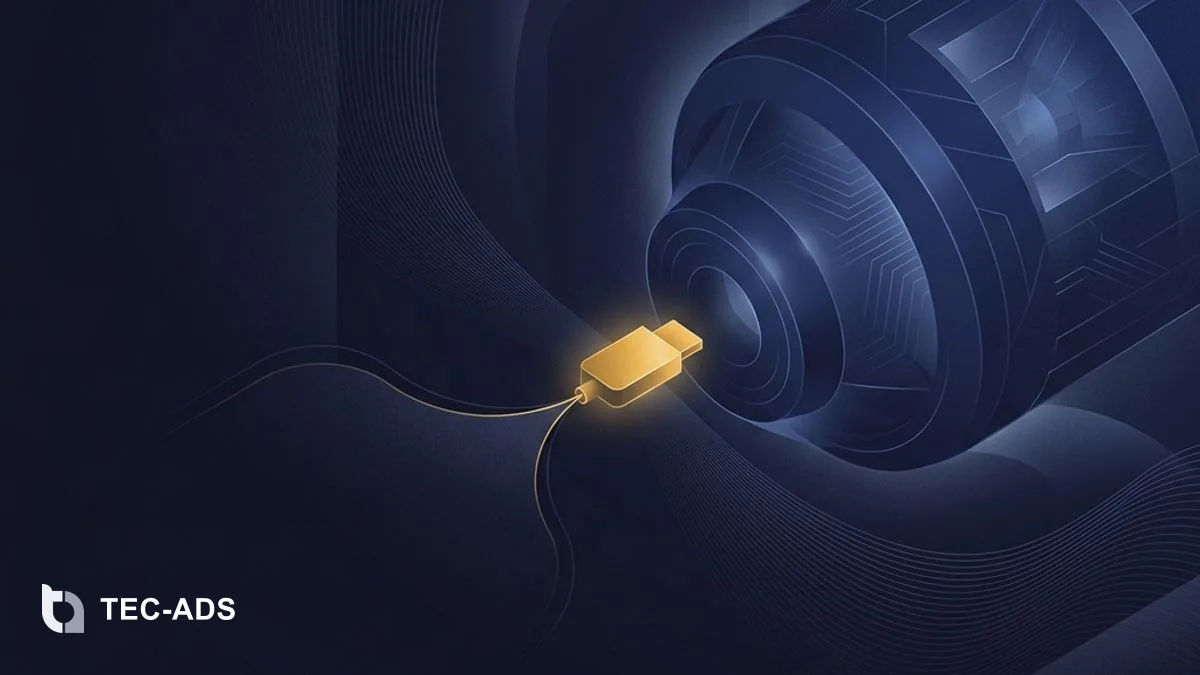 Abstract minimal graphic showing a gold fragment lifted out of a navy block of forms.