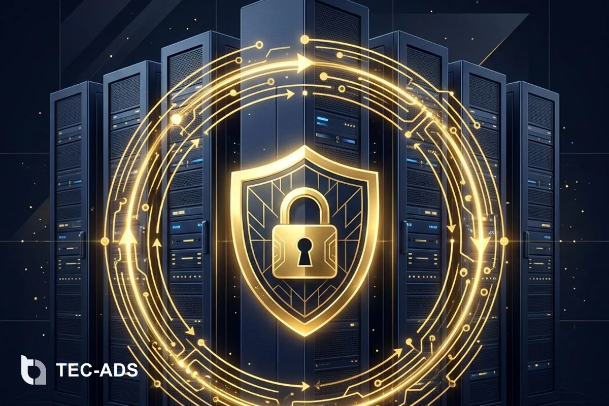 Abstract on-premises server stacks in navy behind a glowing gold protective shield.